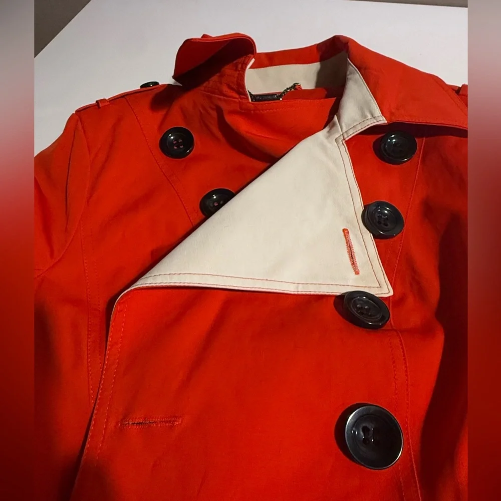 Worthington Lined Red Raincoat Black Buttons Long Sleeve Collared Belt - Picture 6 of 16